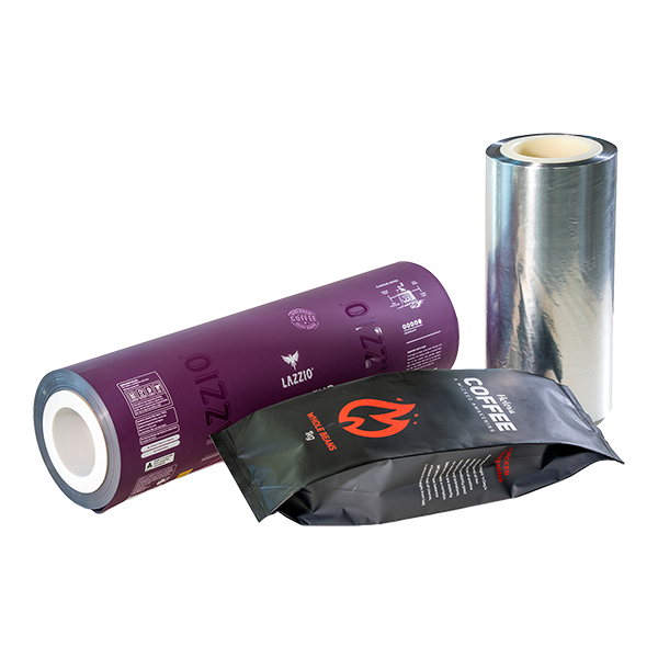 Display of three different packaging materials: purple cylindrical coffee packaging bag, silver metallic cling film and black plastic coffee packaging bag